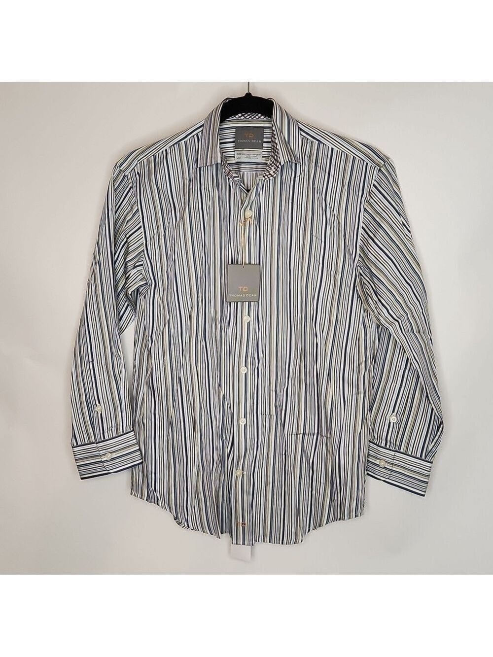 Thomas Dean dress shirt 10/12 NWT! Blue yellow white stripe inner plaid cotton